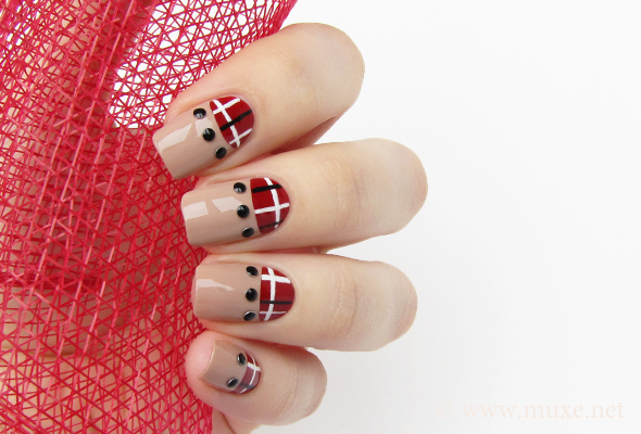 Red plaid half moon nail design